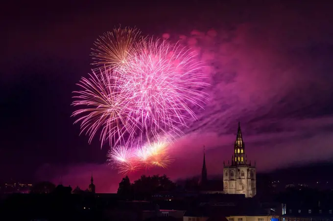 Fireworks, Seenachtsfest festival 2014 with Constance Minster, Konstanz, Baden-Württemberg, Germany