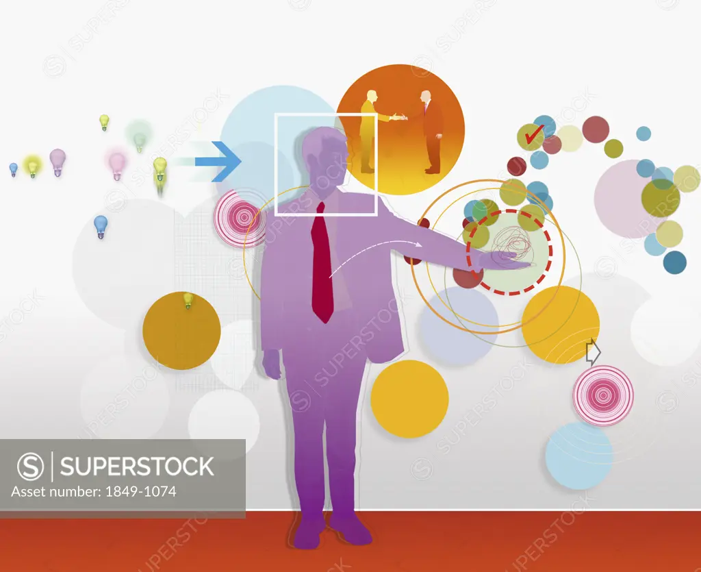 Businessman with light bulb and circle images in background