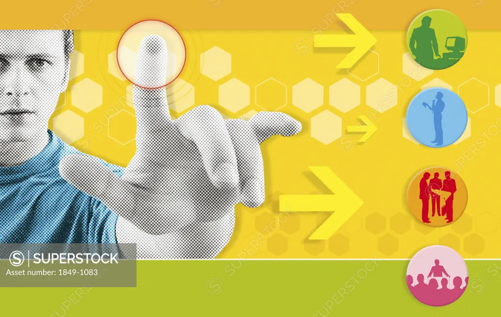 Man touching screen with communication images in background