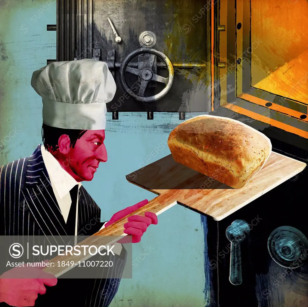 Businessman removing bread from oven bank vault