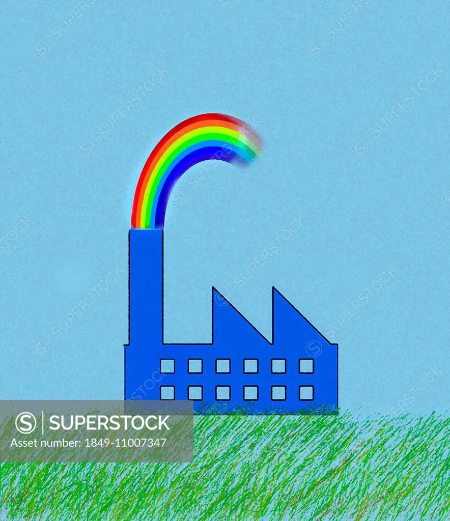 Factory building in green field with rainbow smoke