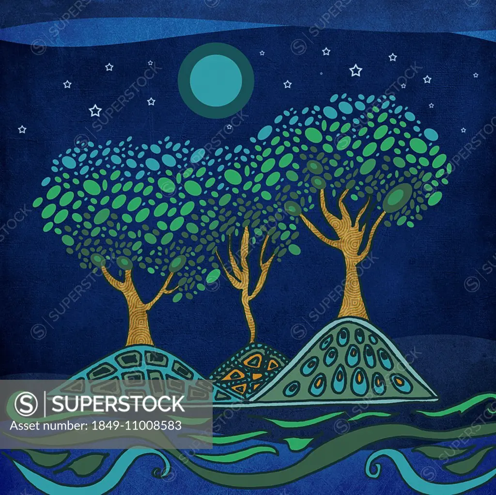 Green and blue trees on island under full moon