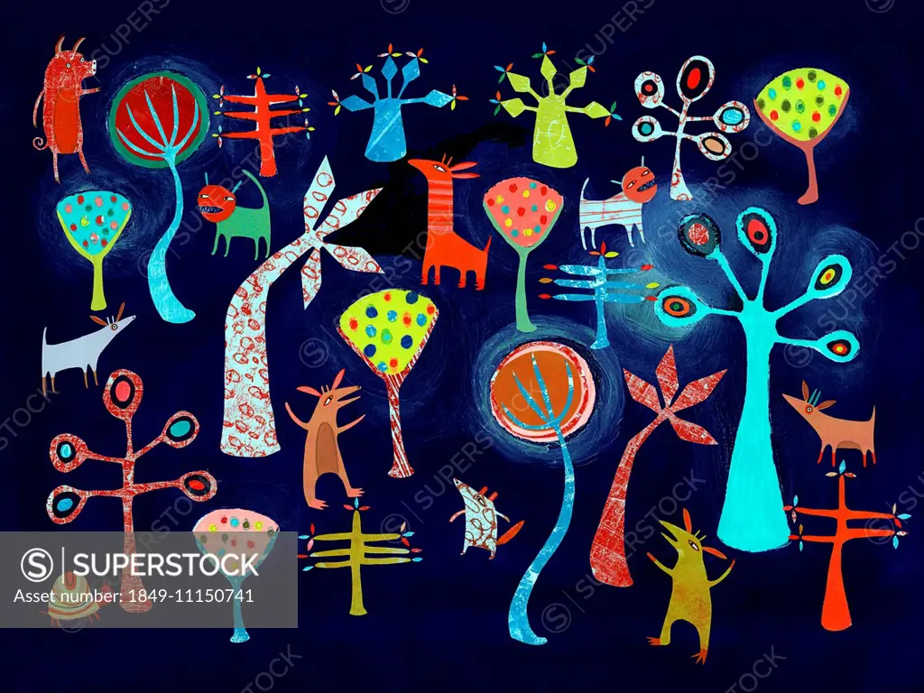 Bright color childhood pattern of animals and trees