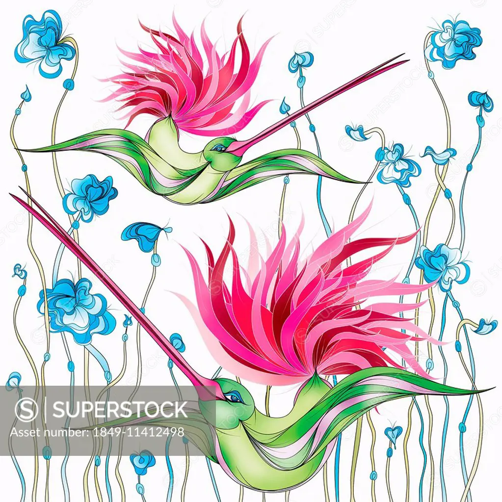 Flamboyant hummingbirds with pink tails flying through flowers