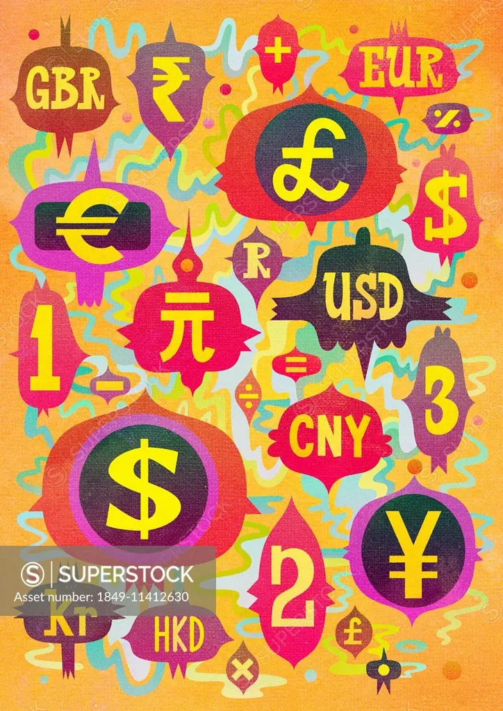 Abstract pattern of global currency symbols and abbreviations