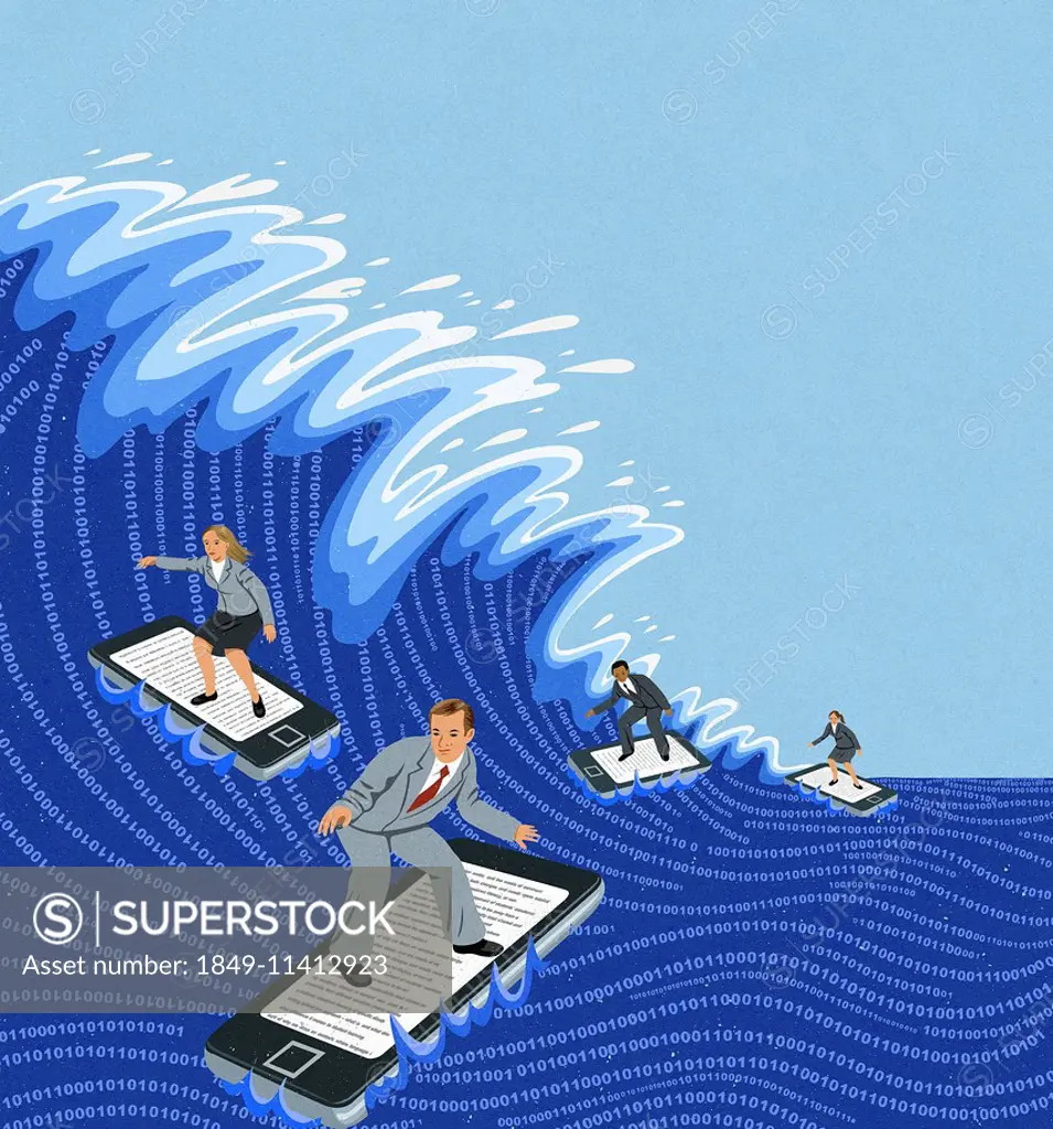 Business people surfing computer data wave on smart phones