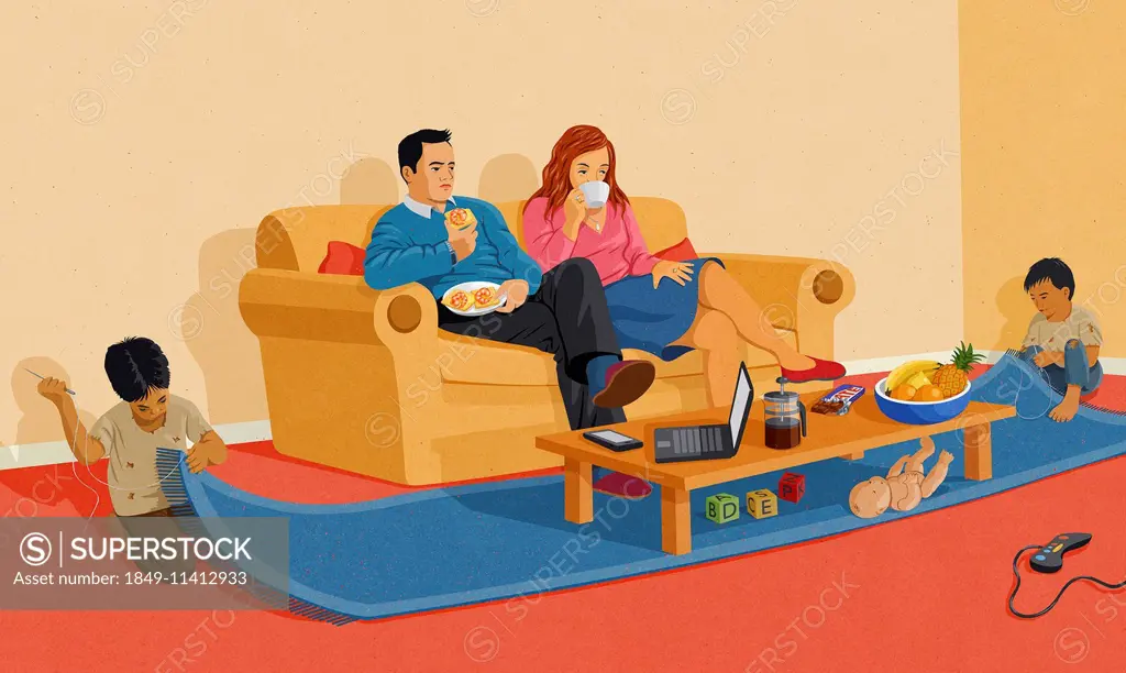 Western couple watching television at home oblivious to ragged children sewing carpet