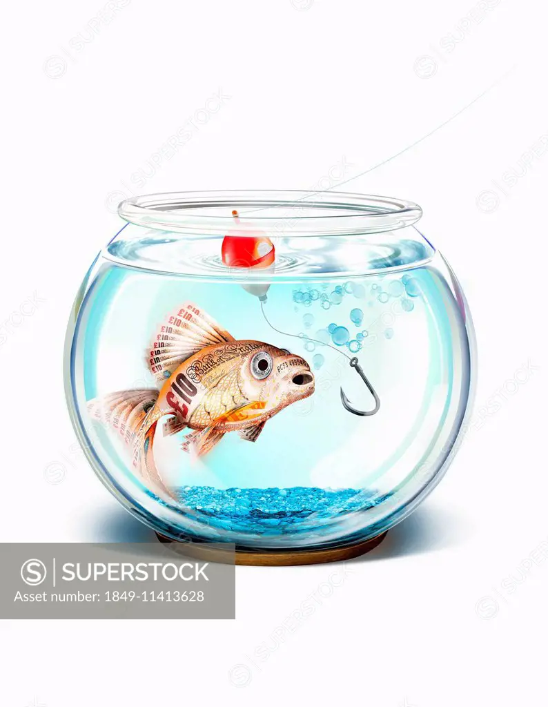 Fish hook trying to catch British pound goldfish in fishbowl