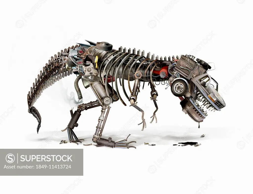 Oil drooling from dying automotive industry robot dinosaur