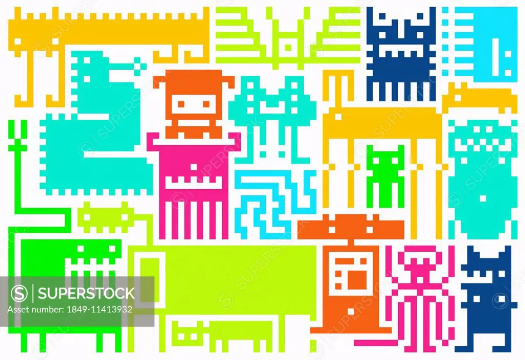 Pattern of retro pixelated video game icons