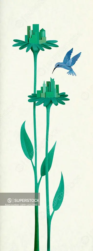 Green city buildings on flower stems with hummingbird