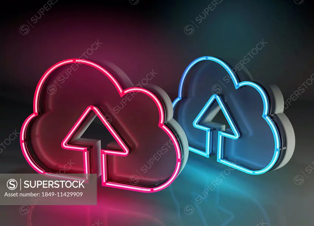 Arrow pointing up in neon clouds