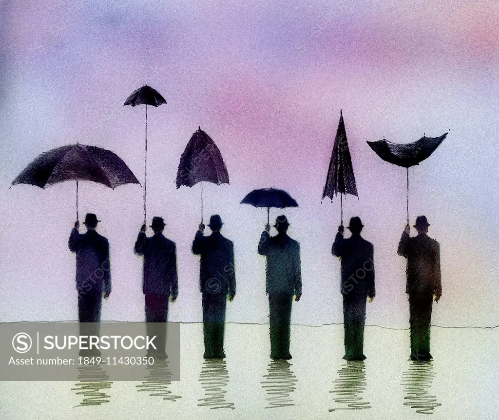 Man sheltering under umbrella side by side with men holding different useless umbrellas
