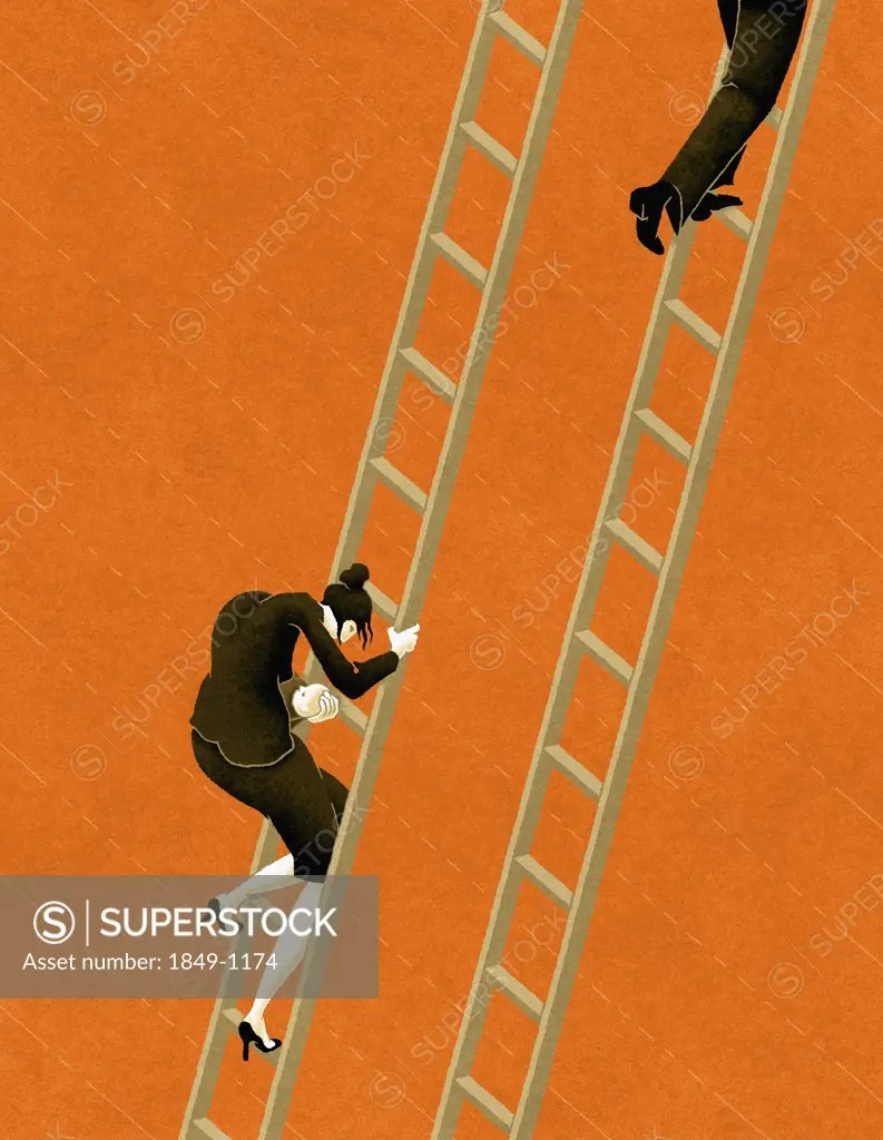 Working woman descending ladder while co-worker ascends