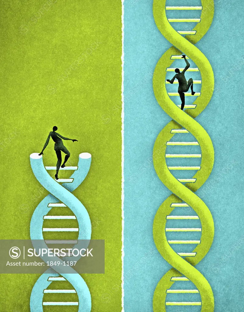 People climbing strands of DNA