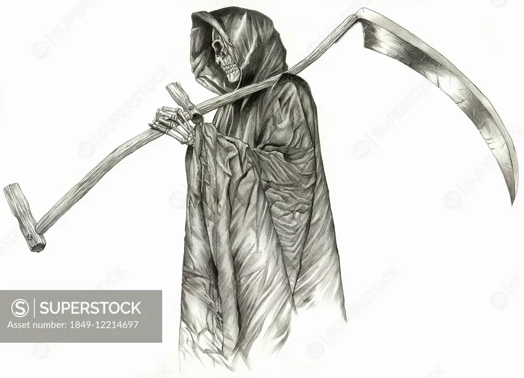 The grim reaper skeleton in cape carrying scythe