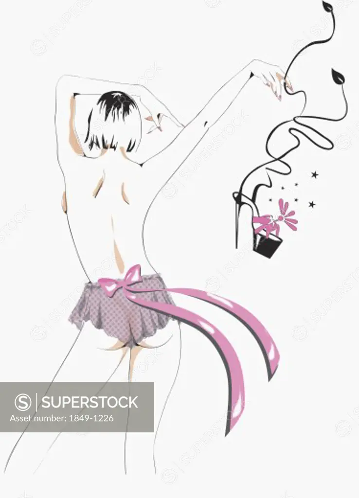 Sexy, topless woman throwing high heeled shoe