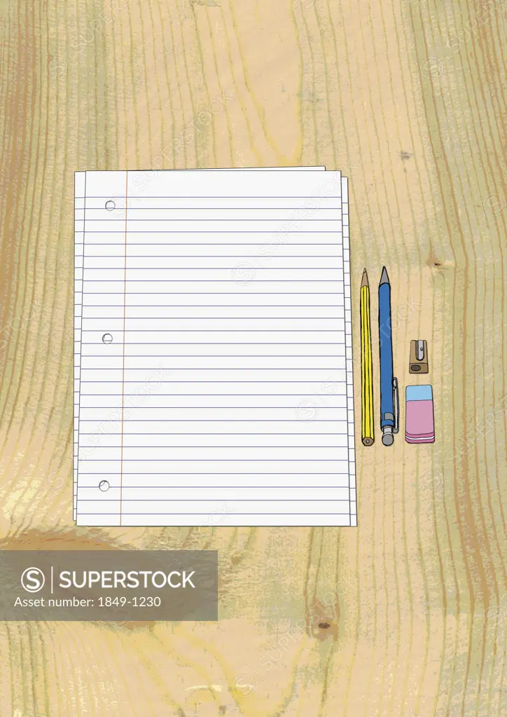 Paper, pencils, eraser and sharpener