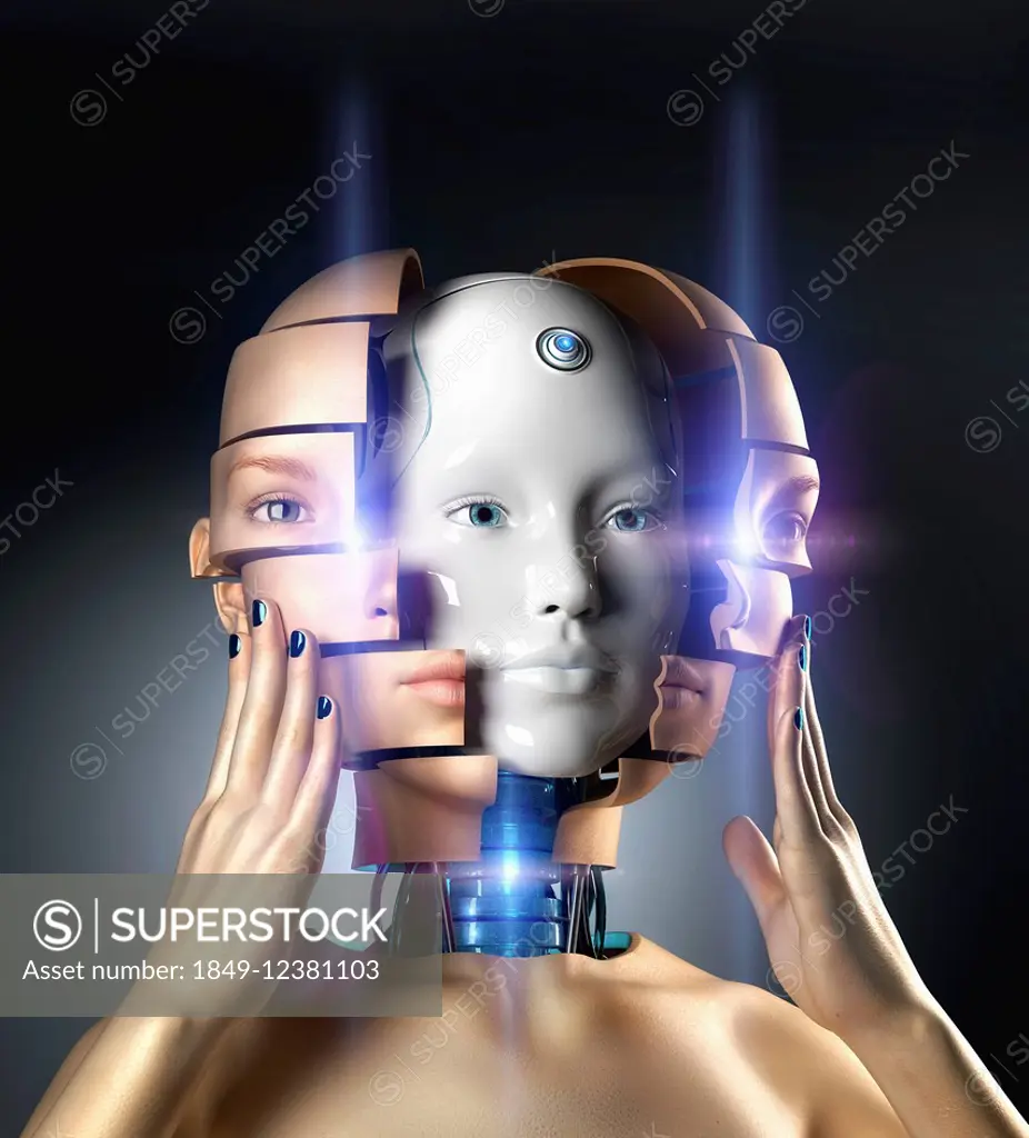 Beautiful woman removing face and revealing android head