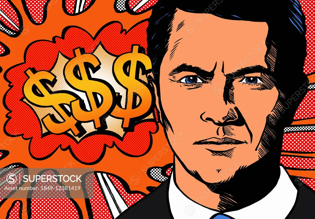 Serious businessman worrying about finance with exploding dollar sign