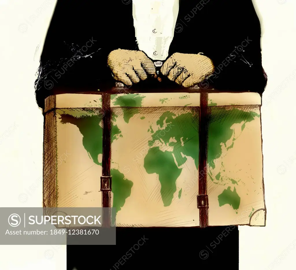 Immigrant carrying belongings in box with world map