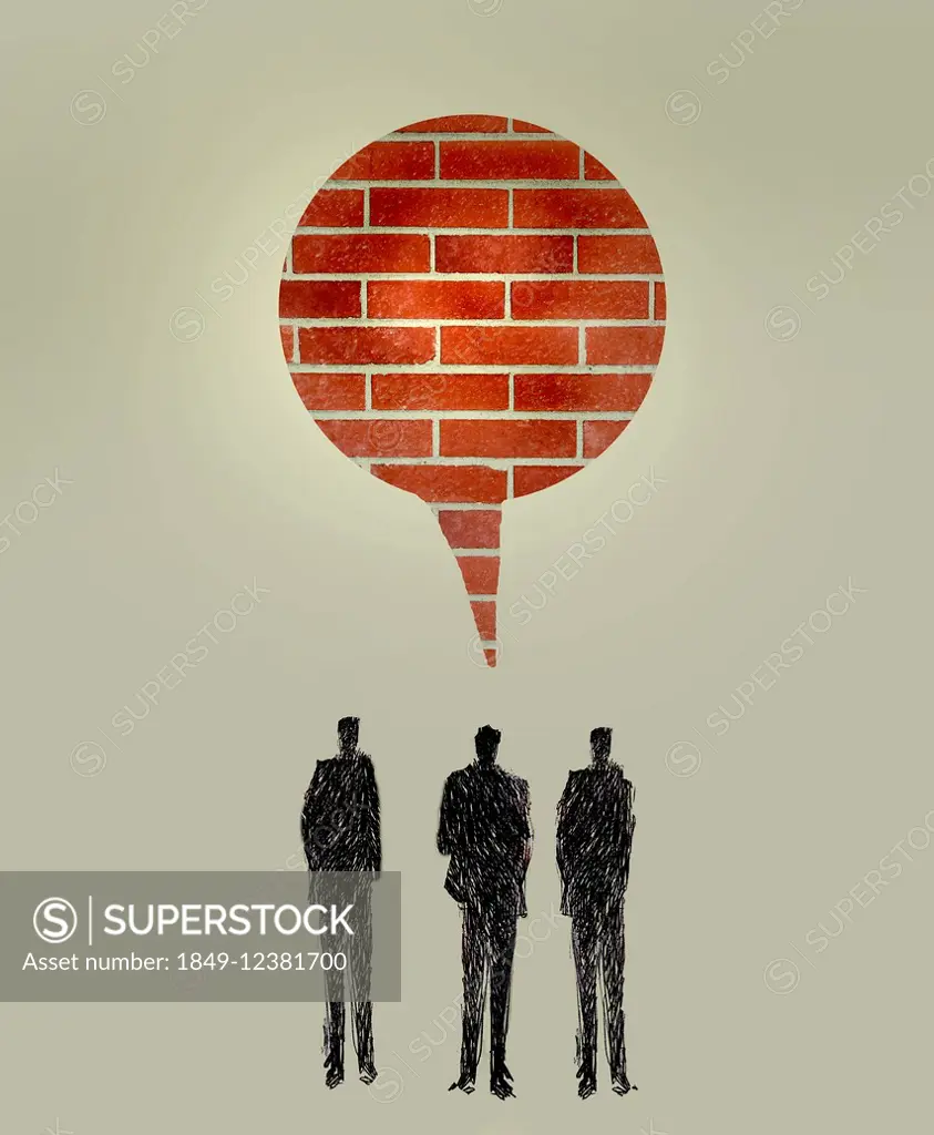 Brick wall speech bubble above three businessmen with communication problems
