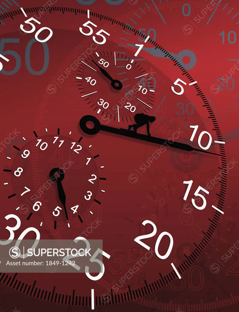 Close up of person crawling along large clock hand