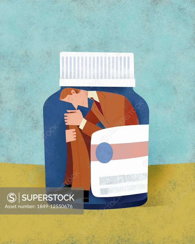 Unhappy man trapped inside of pill bottle