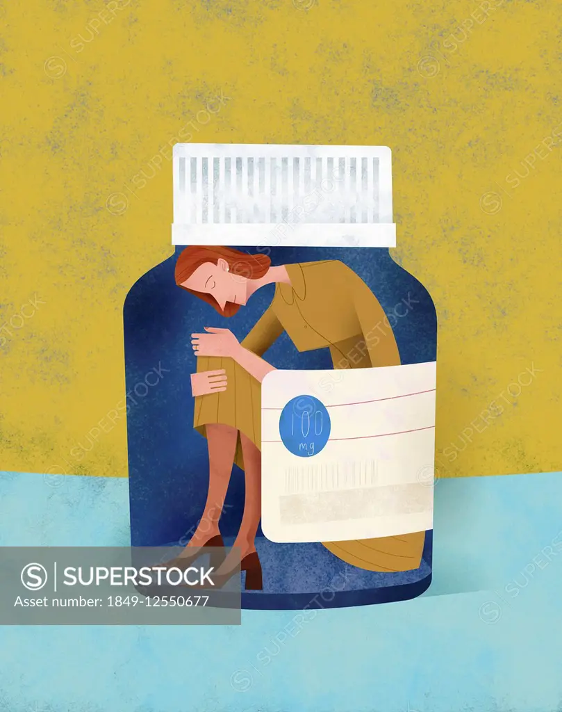 Unhappy woman trapped inside of pill bottle