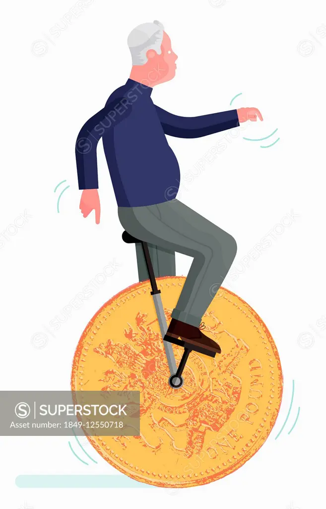 Senior man balancing on one pound coin unicycle