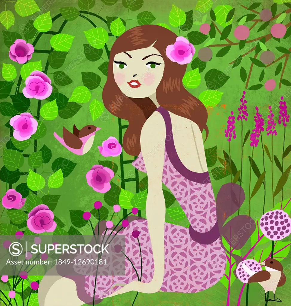 Young woman sitting in lush garden with flowers and birds as Virgo zodiac sign