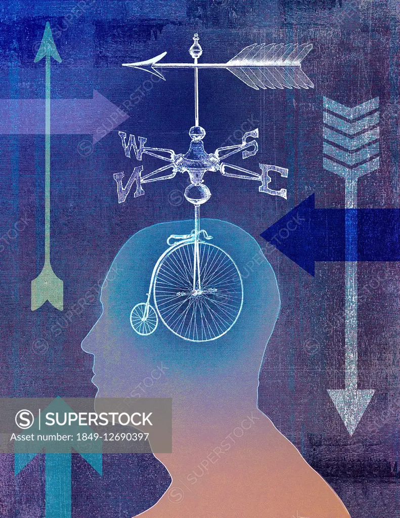 Man thinking about direction with bike wheels, weather vane and arrows