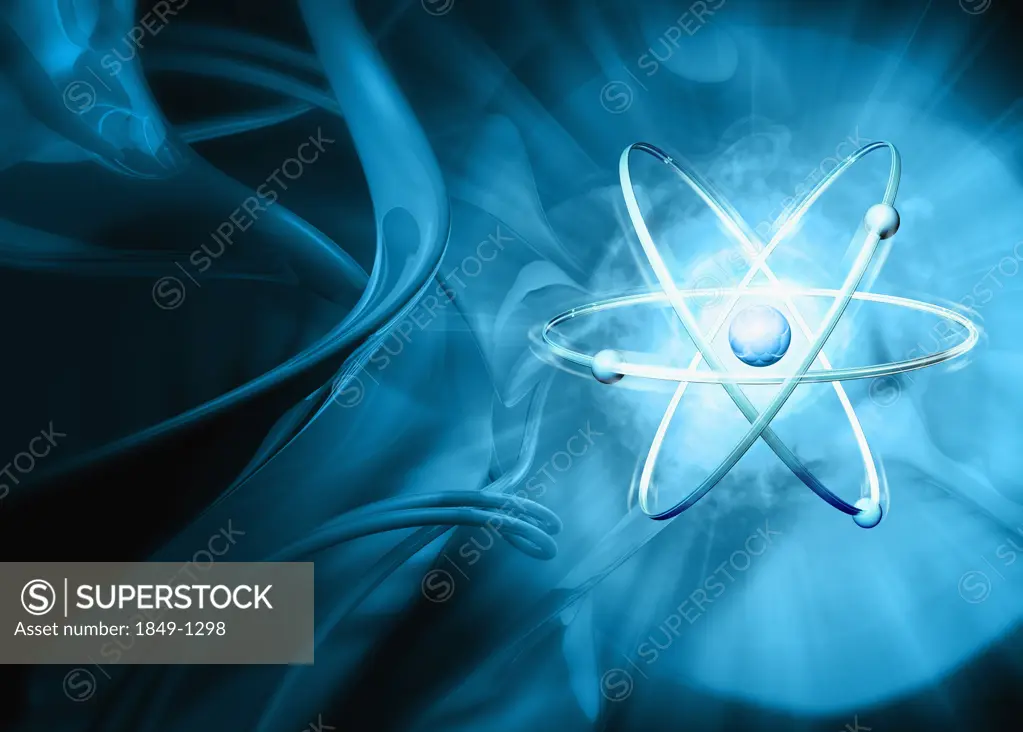 Atom with abstract blue background