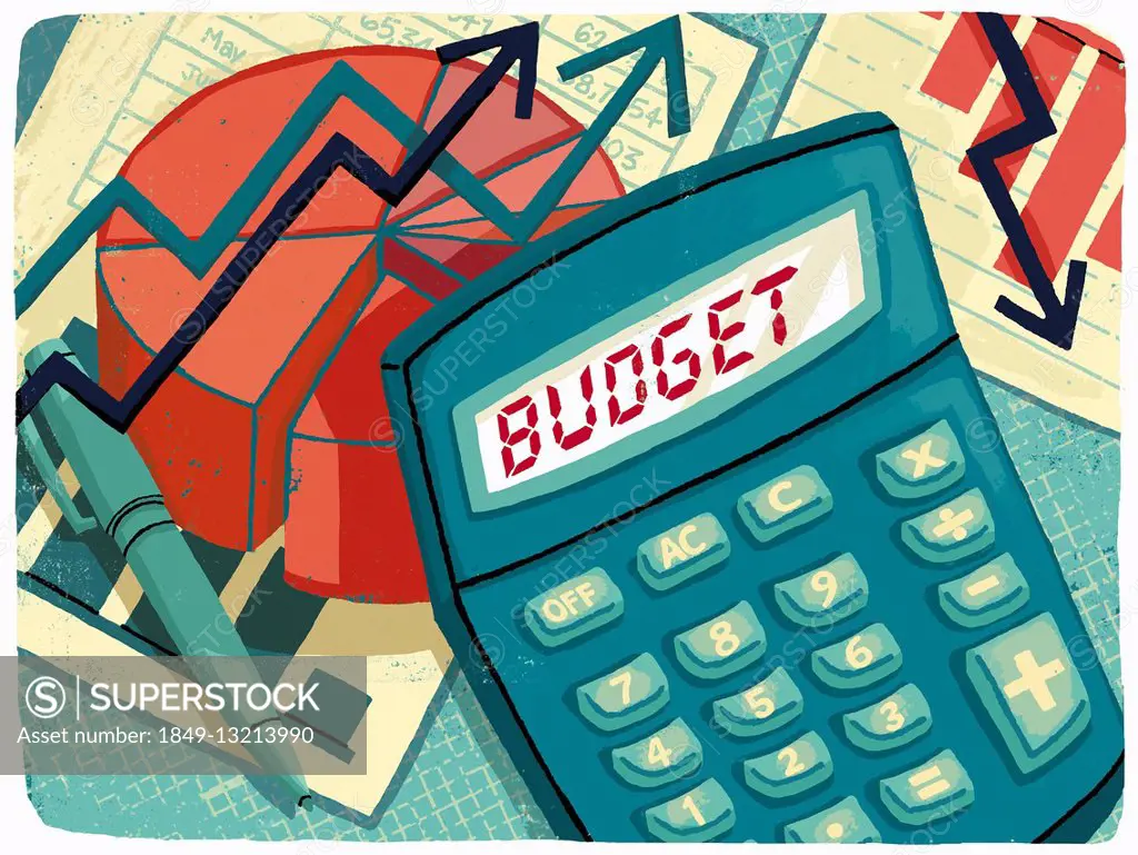 Calculator, graphs and financial figures calculating budget