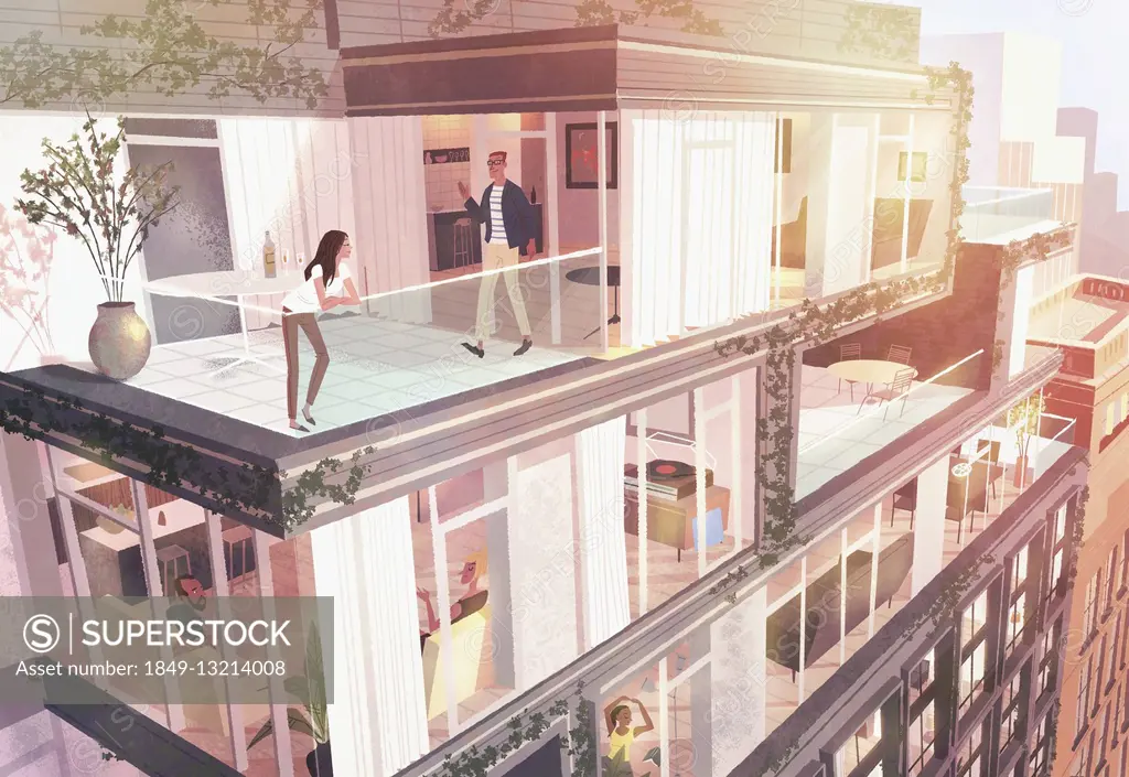 Woman and man meeting on luxury penthouse roof terrace on top of modern apartment block