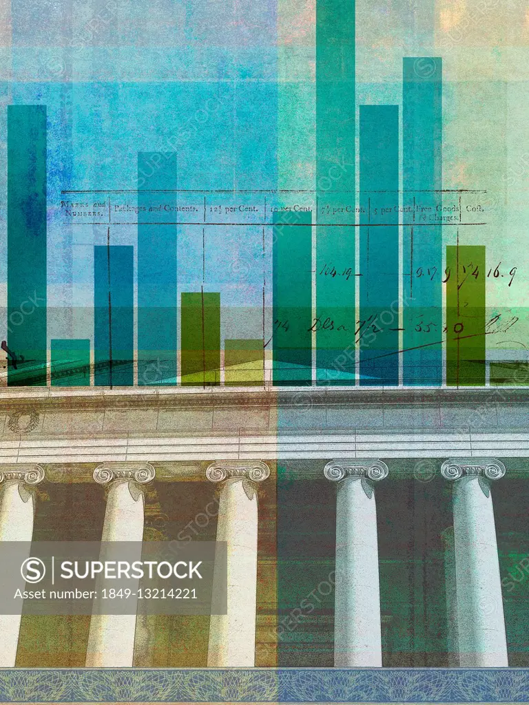 Multi-layered collage of bar chart and ledger on top of bank building