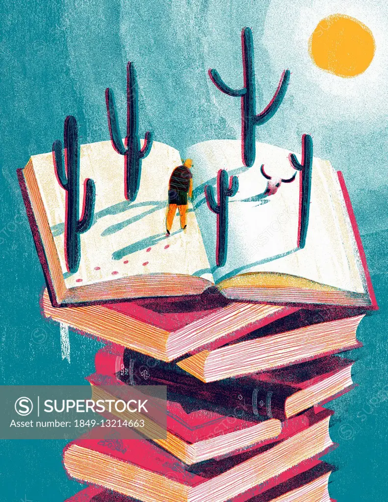 Man walking across desert on open page on top of pile of books