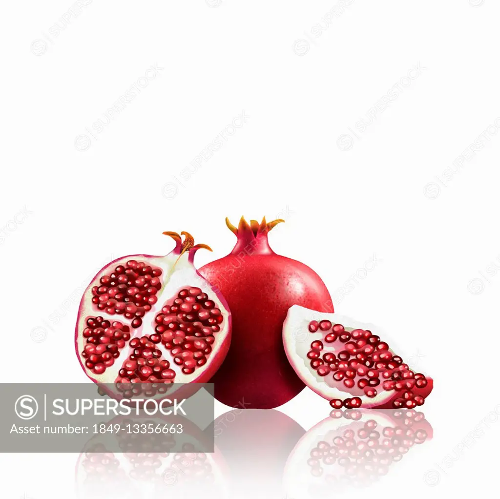 Whole and cut pomegranates