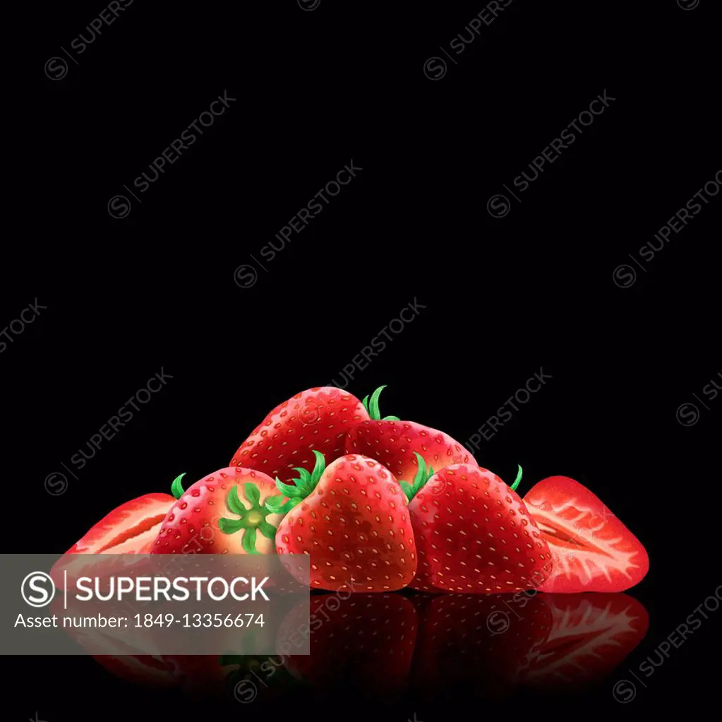 Whole and cut fresh strawberries