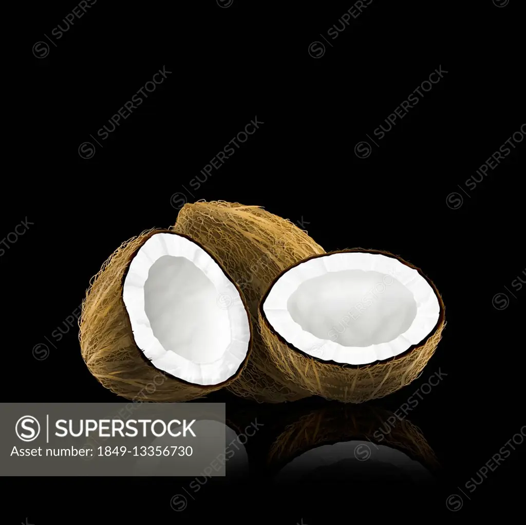 Whole and halved coconut