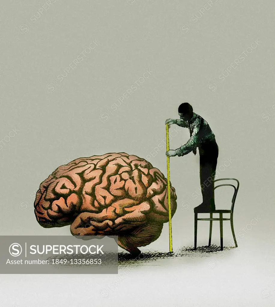 Man standing on chair measuring large brain with tape measure