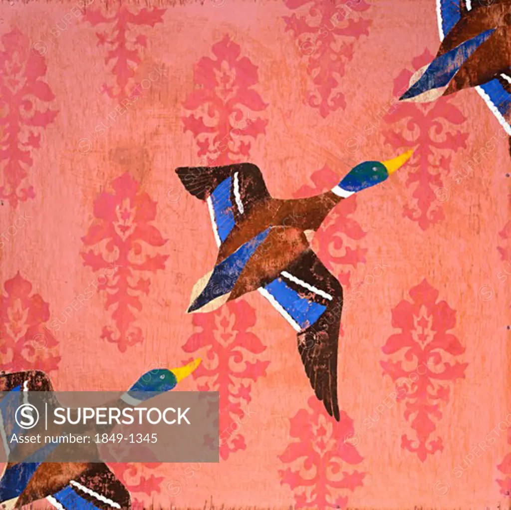 Ducks flying in formation against wall paper