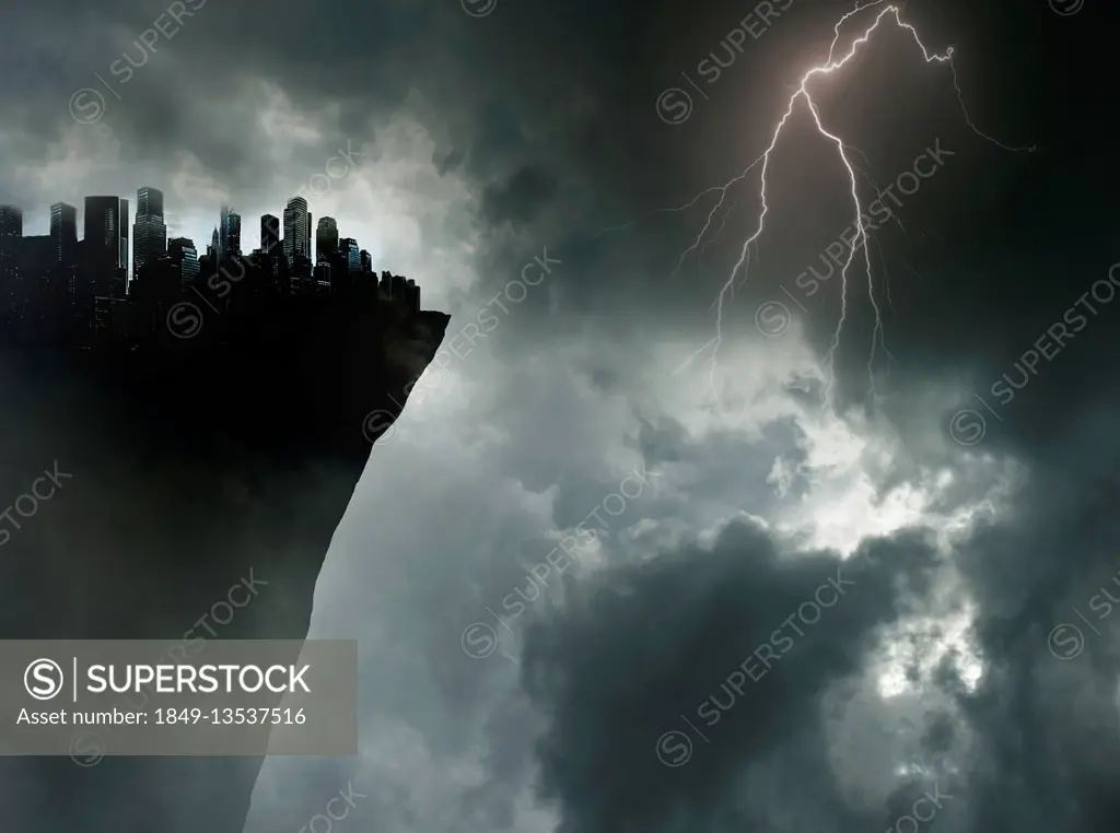 City on the edge of a cliff in thunderstorm
