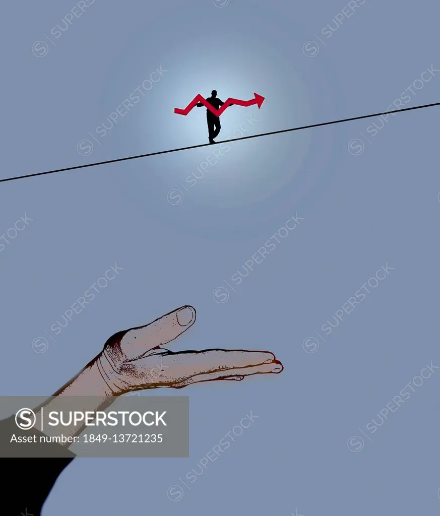 Man walking tightrope using line graph pole above hand held out as safety net