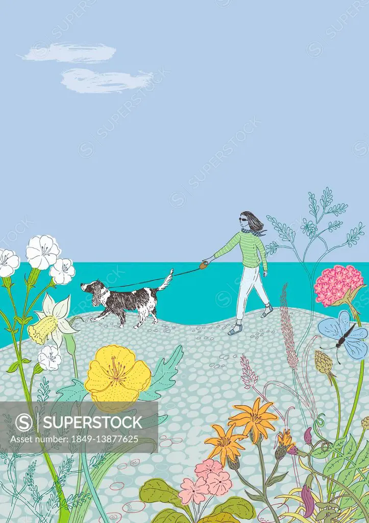 Woman walking dog along beach among spring flowers