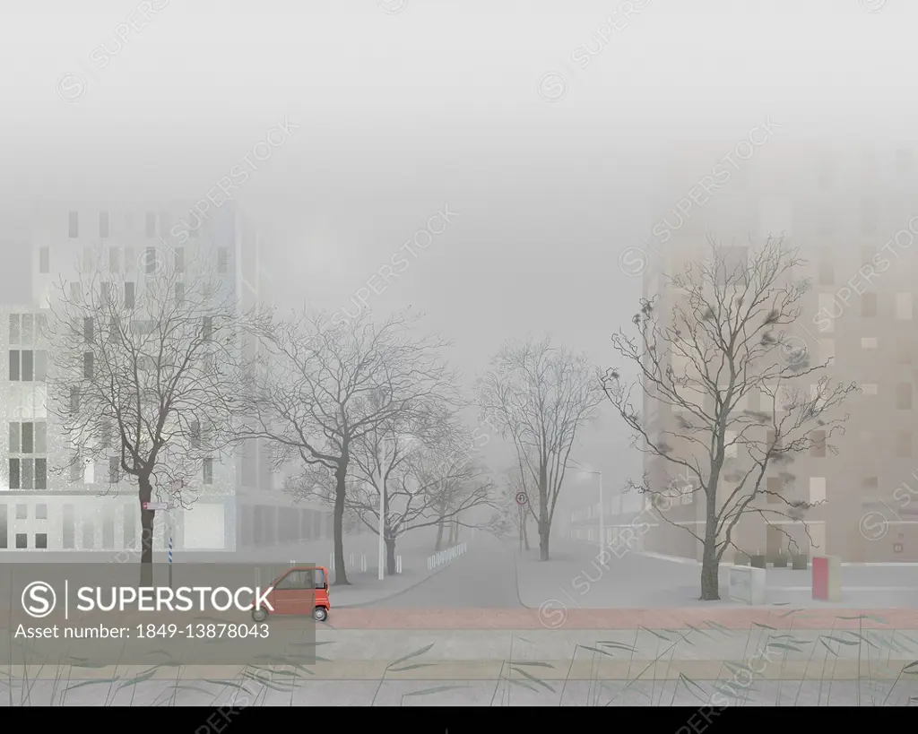 Man driving small car in empty foggy city street