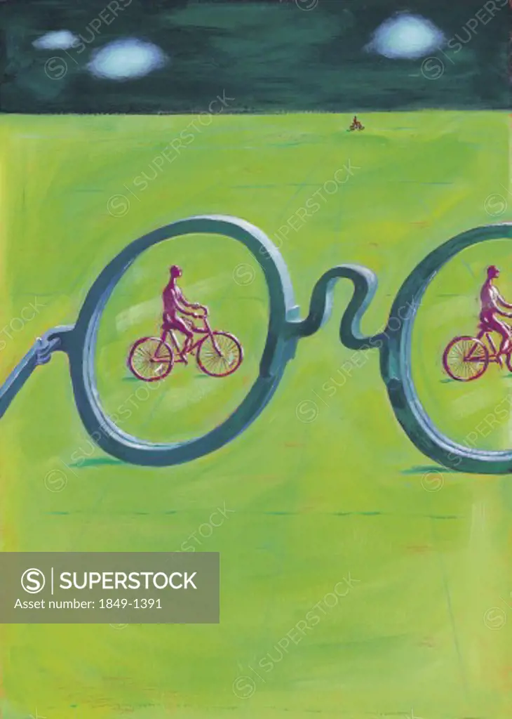 Large glasses and men riding bicycles