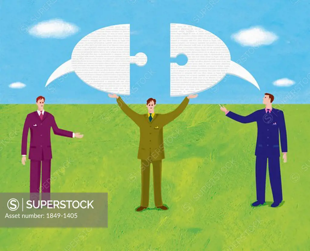 Businessmen and speech bubble shaped as puzzle piece