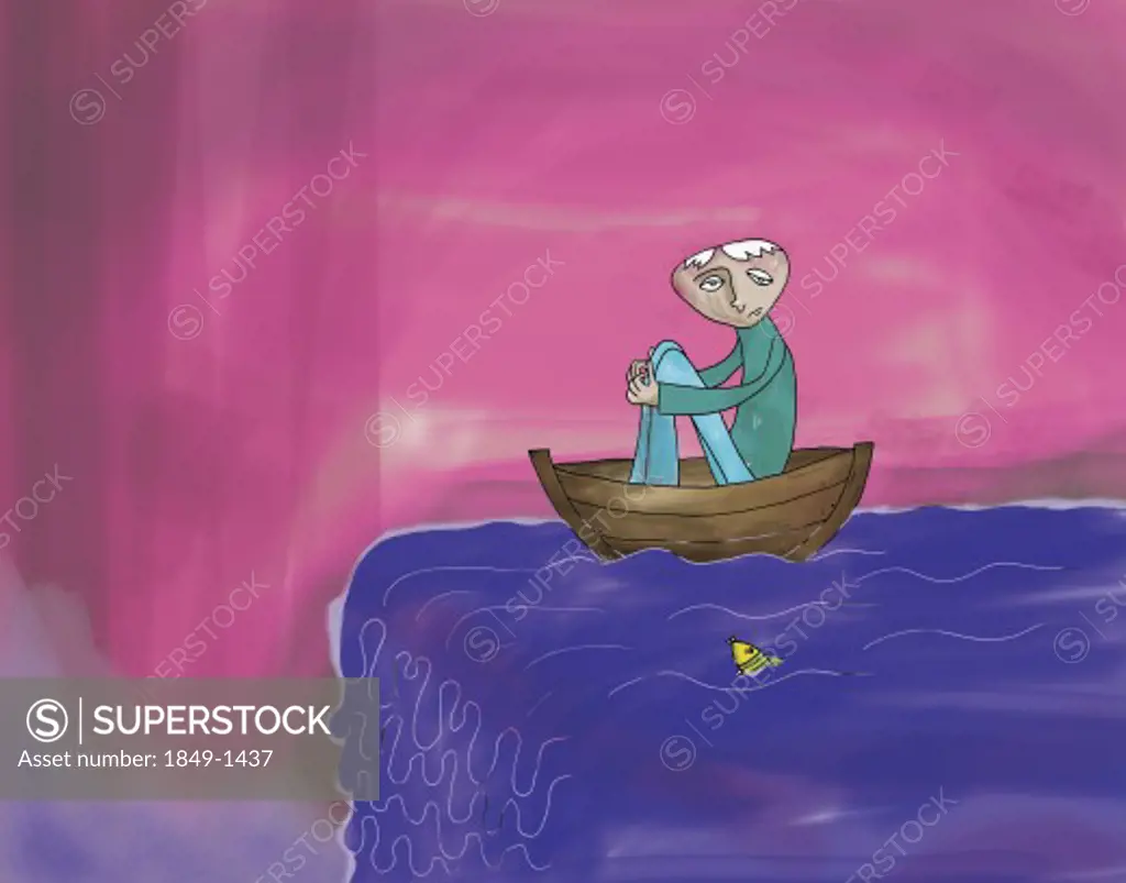 Man in rowboat about to go over waterfall