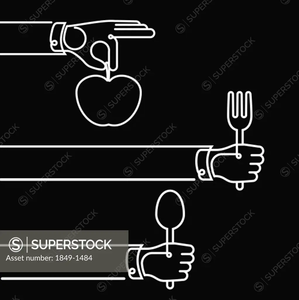 Hands holding cutlery and apple